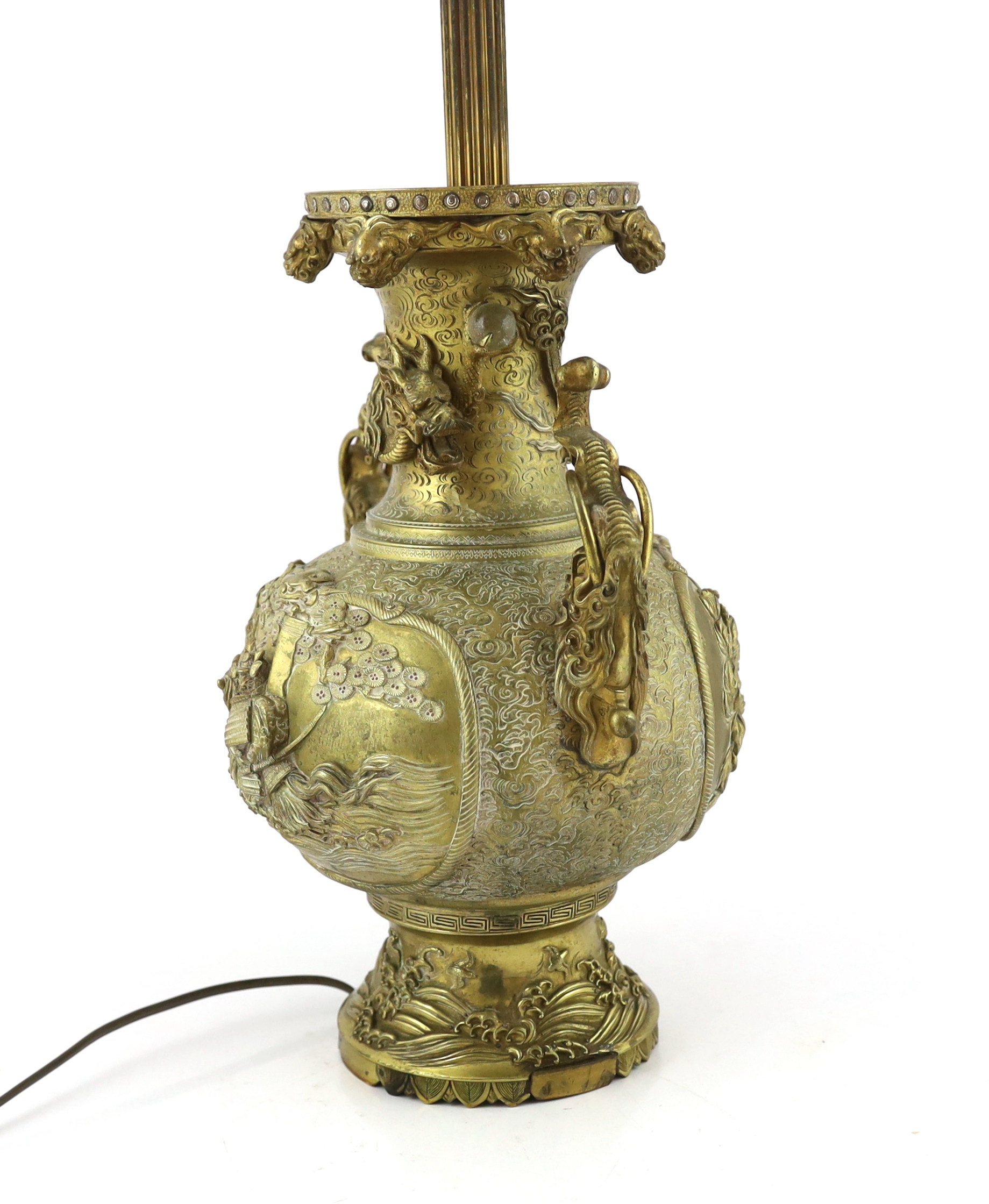 A Japanese gilt bronze 'Samurai' vase, early 20th century, later mounted as a lamp, repairs to base